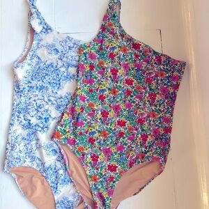 Floral and Blue Toile One-Shoulder Swimsuits